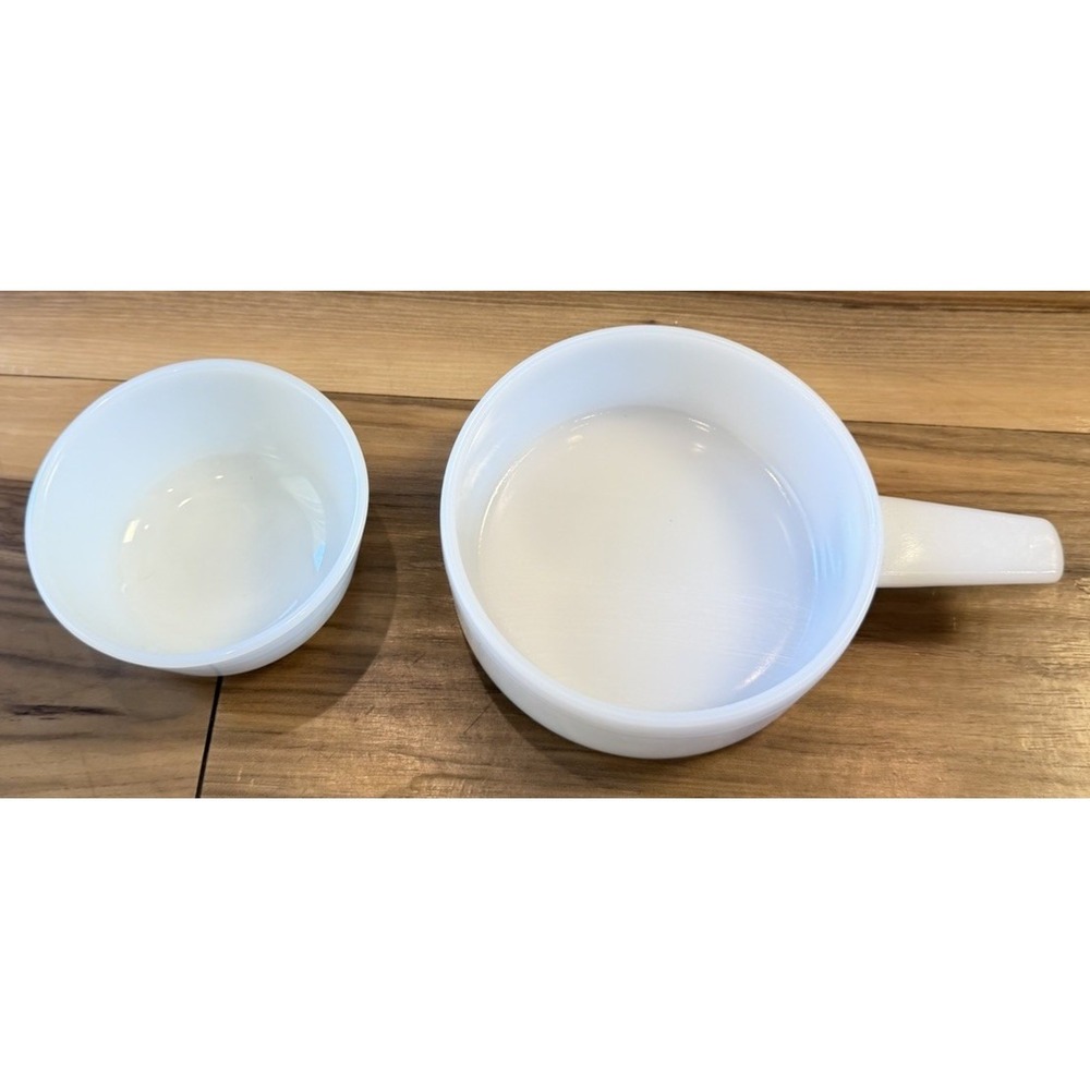 Vintage Anchor Hocking White Milk Glass Sauce Pan & Bowl Microwave Safe USA